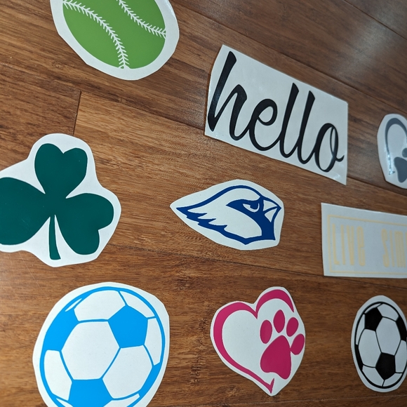 11 Assorted vinyl decals. Sports. Pets. Hello. Dinosaurs. #1. - Picture 4 of 6